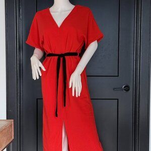 Topshop Belted Red and Black Midi Dress Kimono Sleeves  size 4